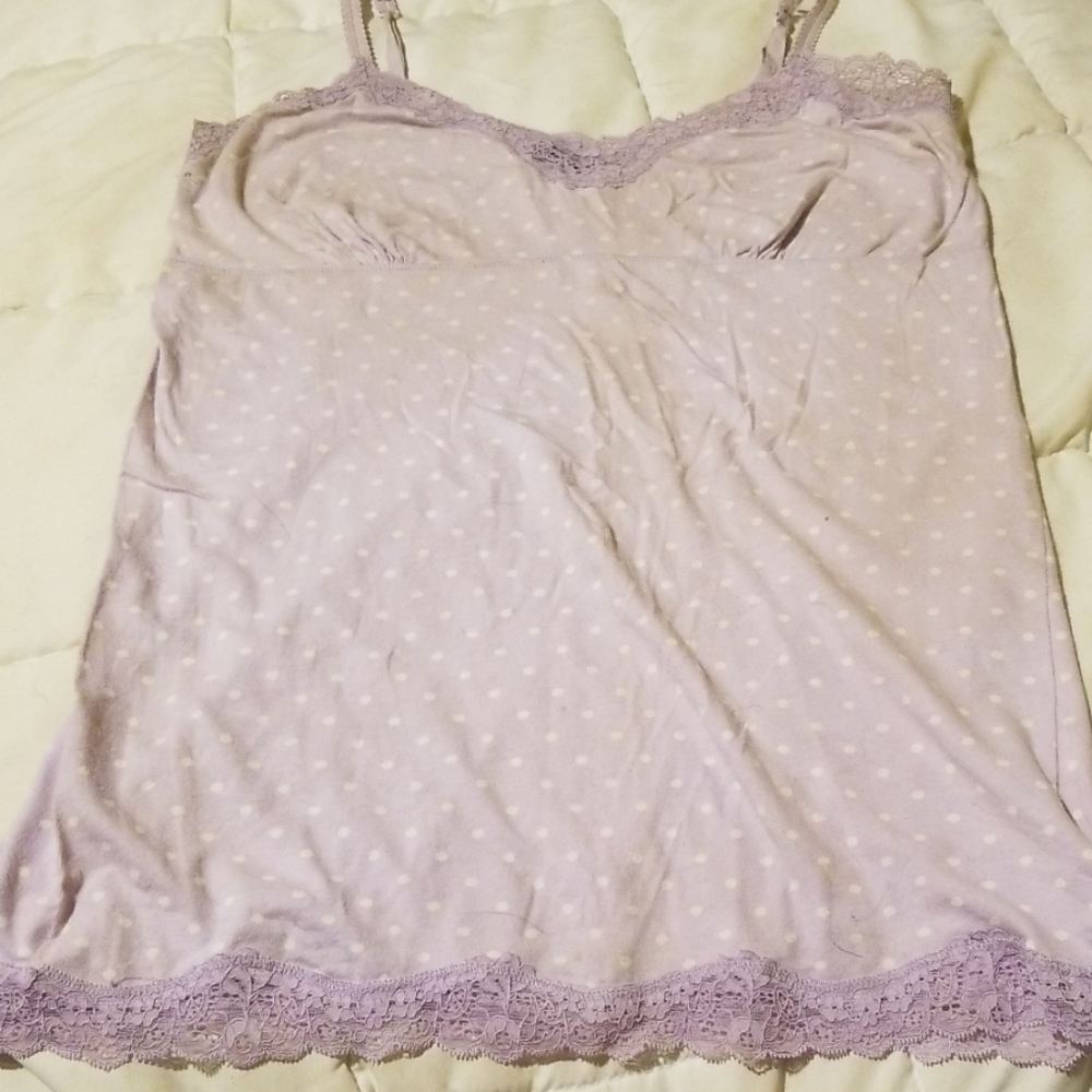 Purple lace-edged tank with white polka dots